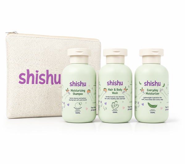 Shishu skincare product set with three bottles and a pouch on a white background
