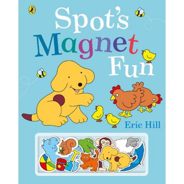 Cover of 'Spot's Magnet Book' featuring a yellow dog character 'Spot' and various colorful illustrations including a chicken, a bear, and a horse, along with magnetic shapes visible at the bottom.