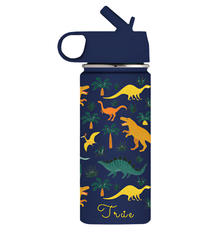 Water bottle with dinosaur pattern on a dark blue background