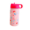A pink stainless steel insulated water bottle with a mermaid design and a straw, featuring easy-to-grip textures and a powder coat finish.