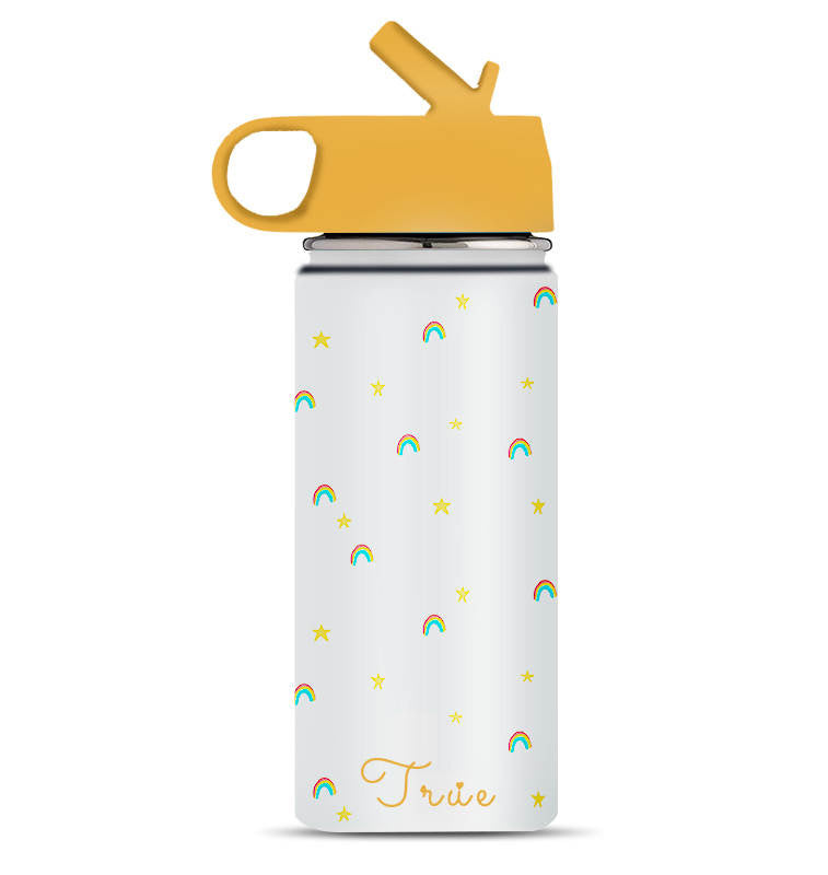 A stainless steel insulated water bottle with a rainbow design and a detachable straw, featuring the name 'TRUE' on the front.