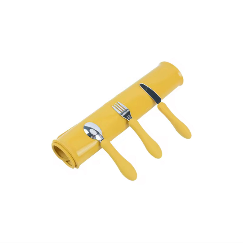 A set of children's feeding utensils consisting of a yellow silicone spoon and a yellow silicone fork with stainless steel prongs, both with yellow handles.