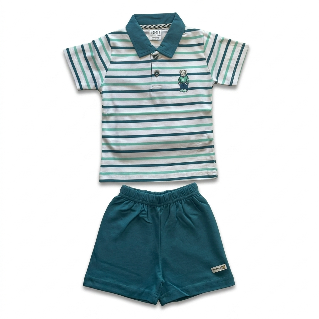 Children's striped polo shirt and teal shorts set on a white background