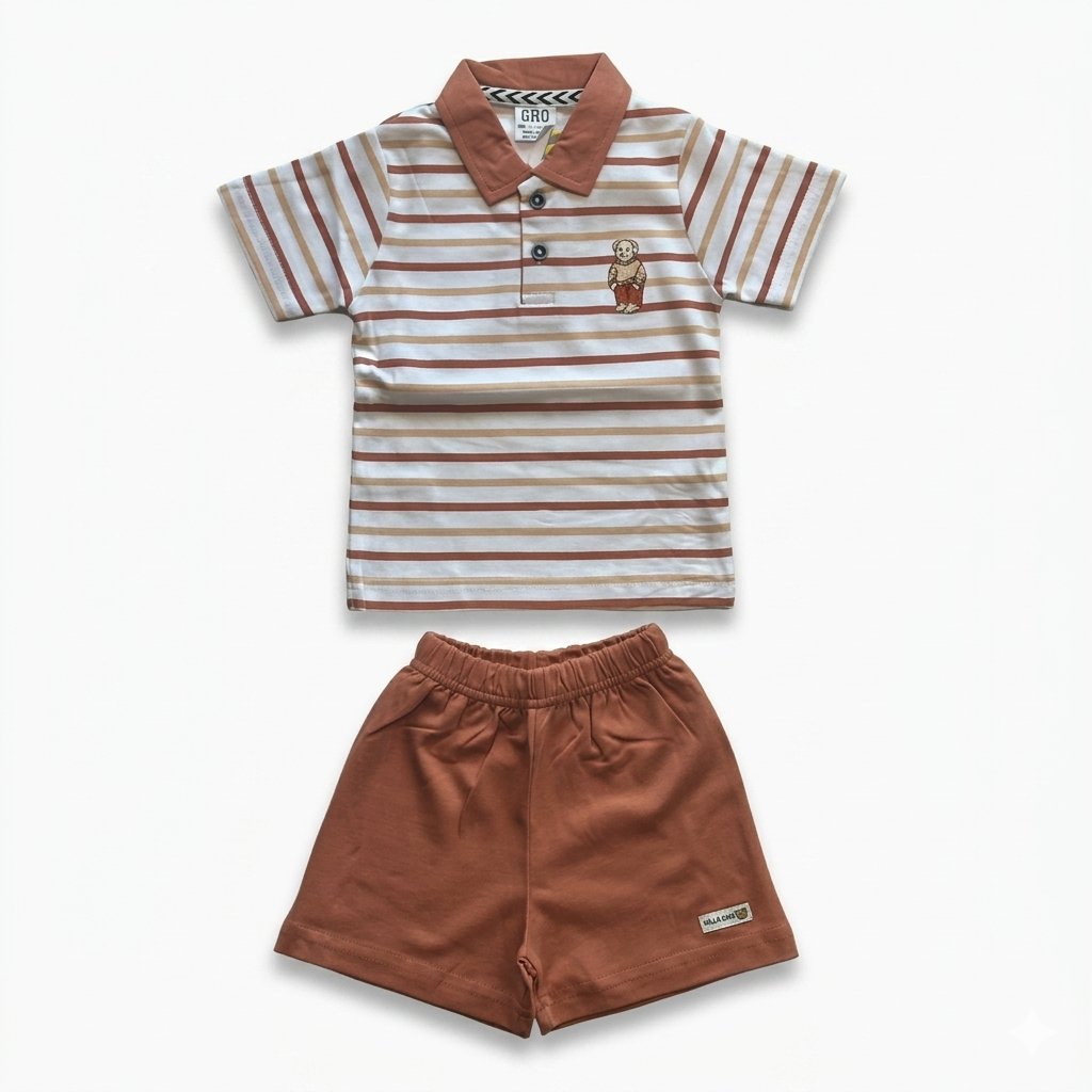 Children's outfit with striped polo shirt and brown shorts on a white background