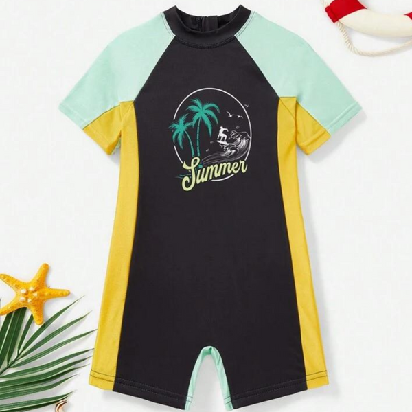 A one-piece swimsuit for boys with short sleeves, featuring color blocks in black, green, and yellow.
