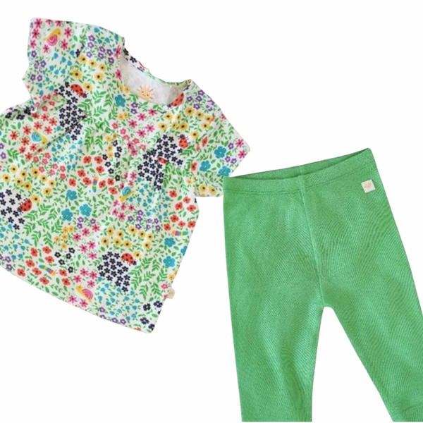 A set of children's sleepwear featuring a green t-shirt with a floral pattern and green pants also with a floral pattern, laid out on a white background.