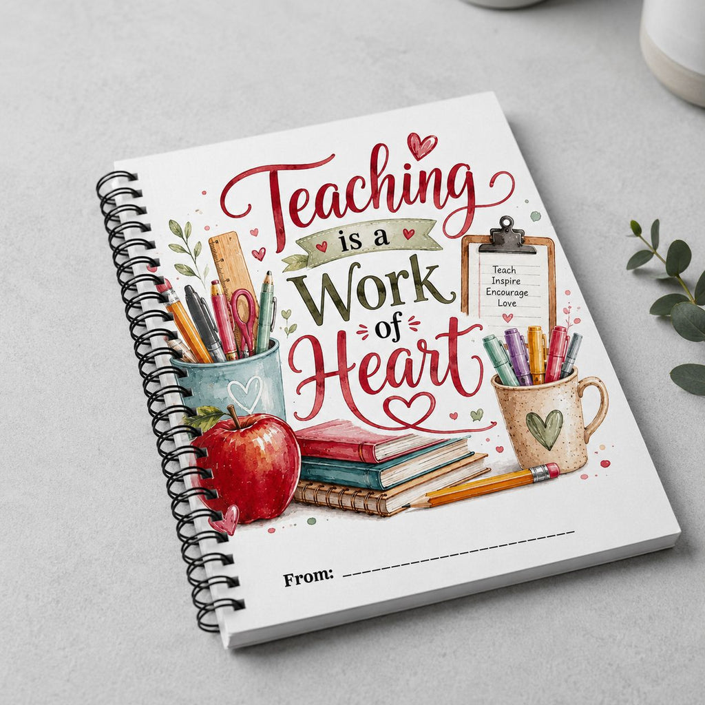 Notebook with 'Teaching is a Work of Heart' design on a gray surface