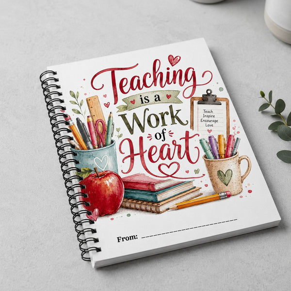 Notebook with 'Teaching is a Work of Heart' design on a gray surface
