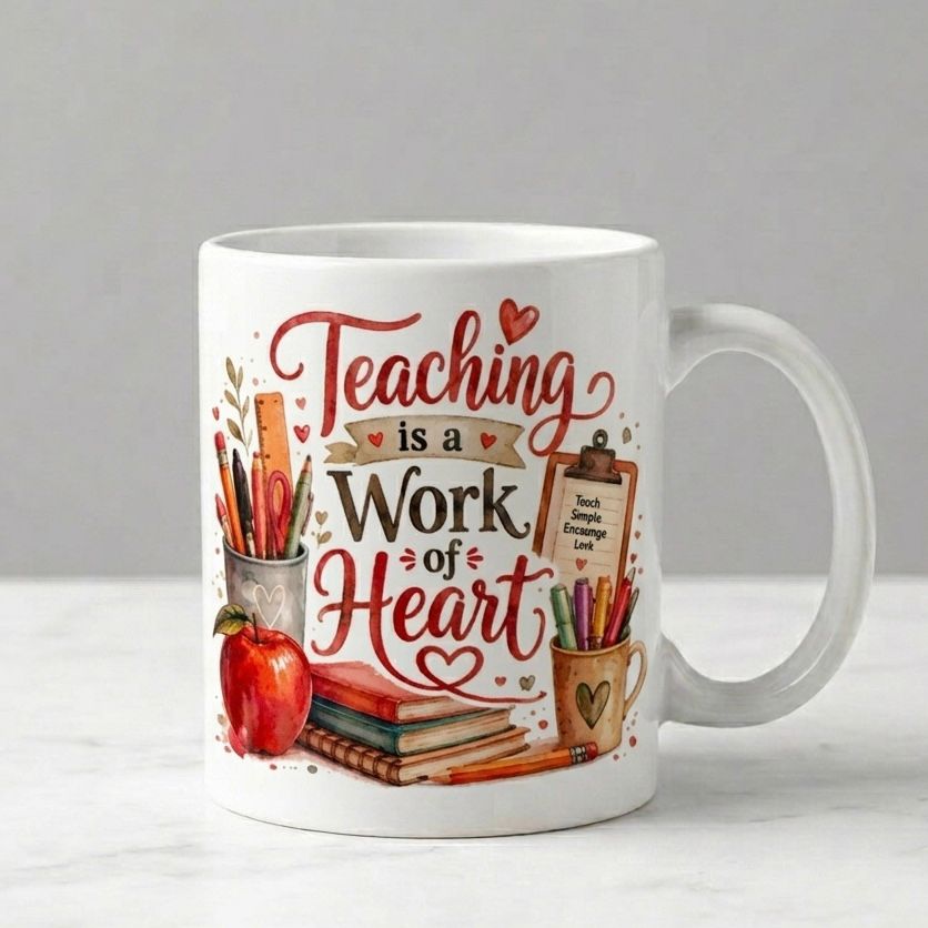 White Mug displaying text: Teaching is  Work of Heart