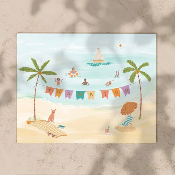 Card Illustration of a beach scene with palm trees, people, and a 'THANK YOU' banner.