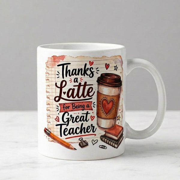 Mug with 'Thanks a Latte for Being a Great Teacher' design on a gray background