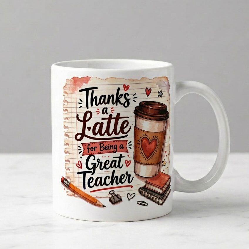 Mug with 'Thanks a Latte for Being a Great Teacher' design on a gray background