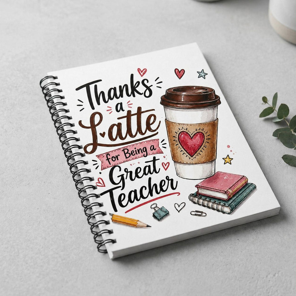 Notebook with 'Thanks a Latte for Being a Great Teacher' design on a light gray surface.