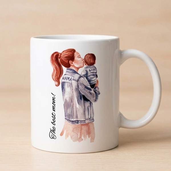 Mug with illustration of a mother holding a child and text 'The best mom!' on a beige background