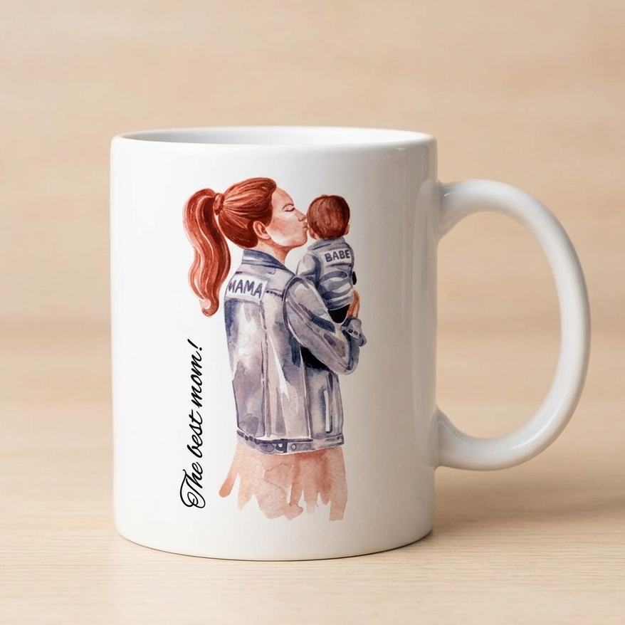 Mug with illustration of a mother holding a child and text 'The best mom!' on a beige background
