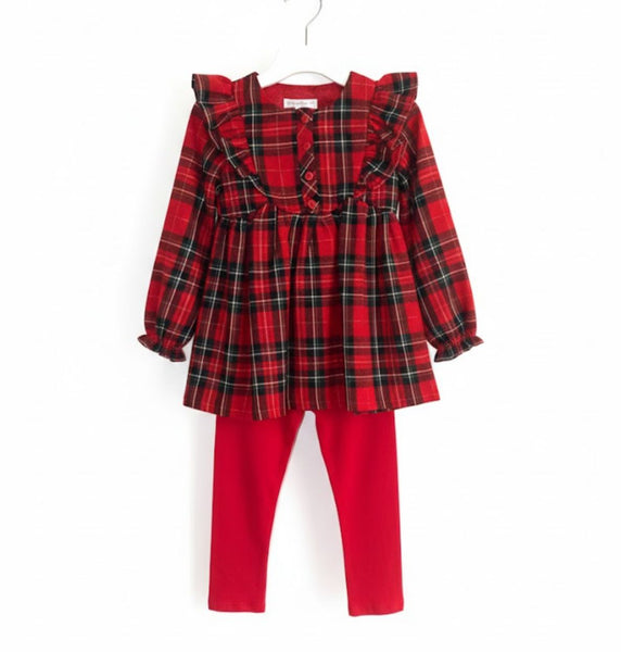Red plaid dress with ruffles and red leggings on a white background