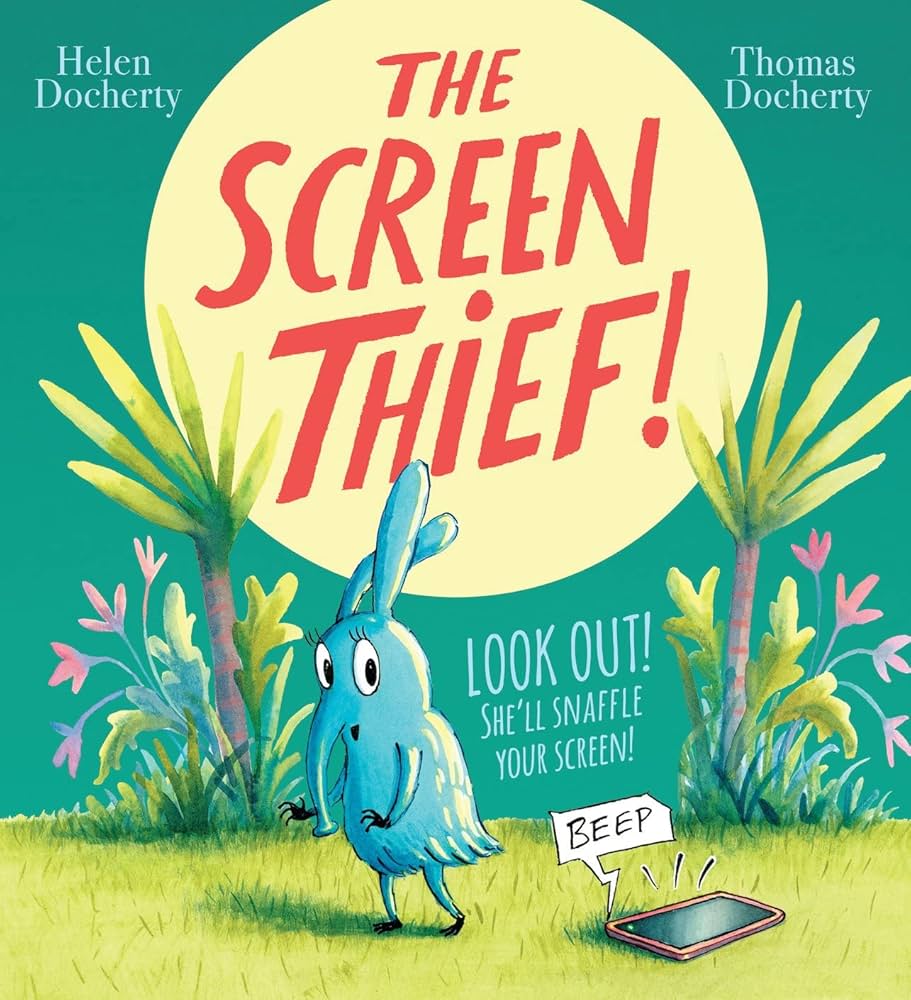 Book cover of 'The Screen Thief!' with a blue creature and text on a green background
