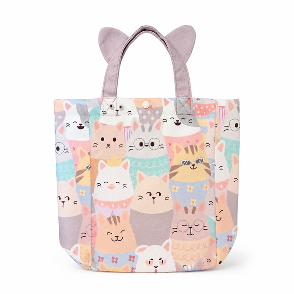 Tote bag with cat pattern and pink ears on a white background