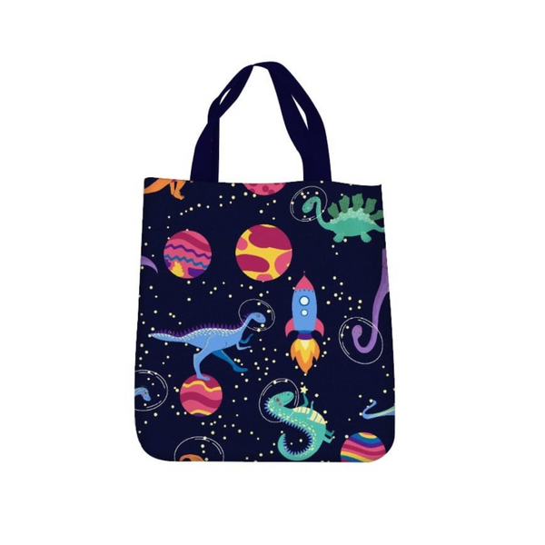 Tote bag with space-themed design featuring dinosaurs, rockets, and planets on a dark blue background.