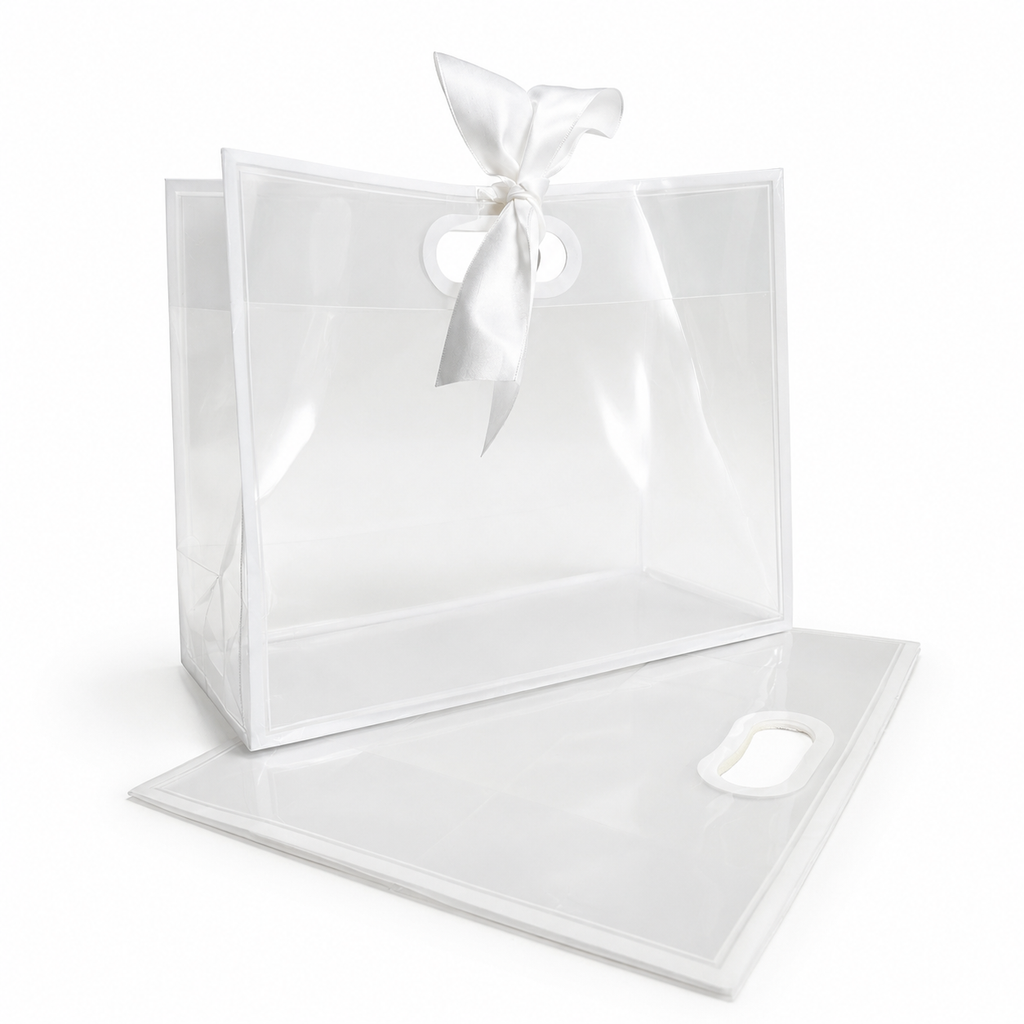 Transparent Rectangular bag with white handles. 