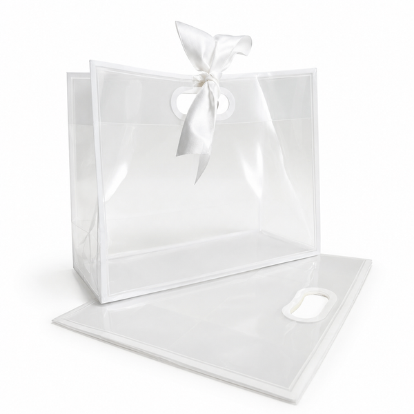 Transparent Rectangular bag with white handles. 