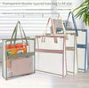 Transparent double-layered tote bags with colorful handles on a light surface.