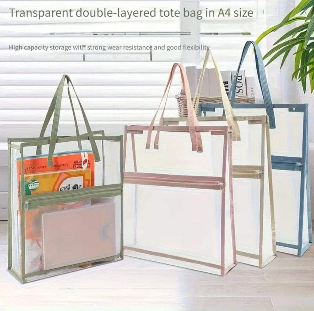 Transparent double-layered tote bags with colorful handles on a light surface.