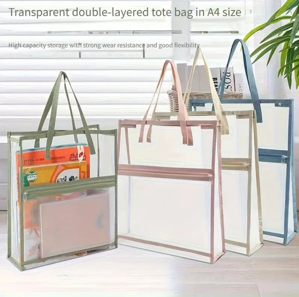 Transparent double-layered tote bags with colorful handles on a light surface.