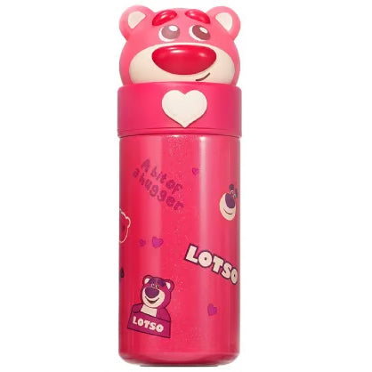 A pink stainless steel water bottle featuring a cute Lotso bear character design on the lid and printed on the body, set against a plain white background.