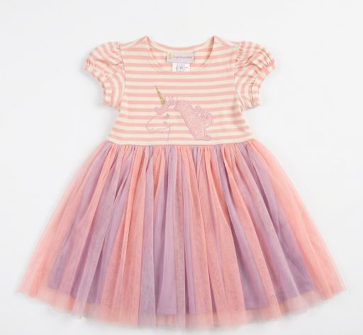 Pink and purple striped dress with tulle skirt on a white background