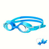 Blue swim goggles with earplugs on a white background