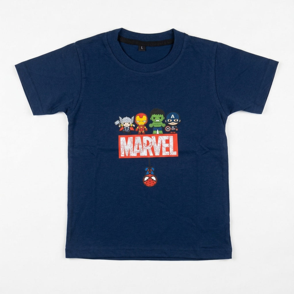 Navy blue t-shirt with Marvel character graphics on a white background