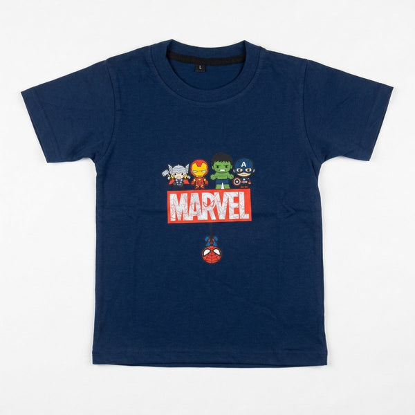 Navy blue t-shirt with Marvel character graphics on a white background