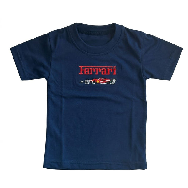 Navy blue t-shirt with Ferrari logo on a white background