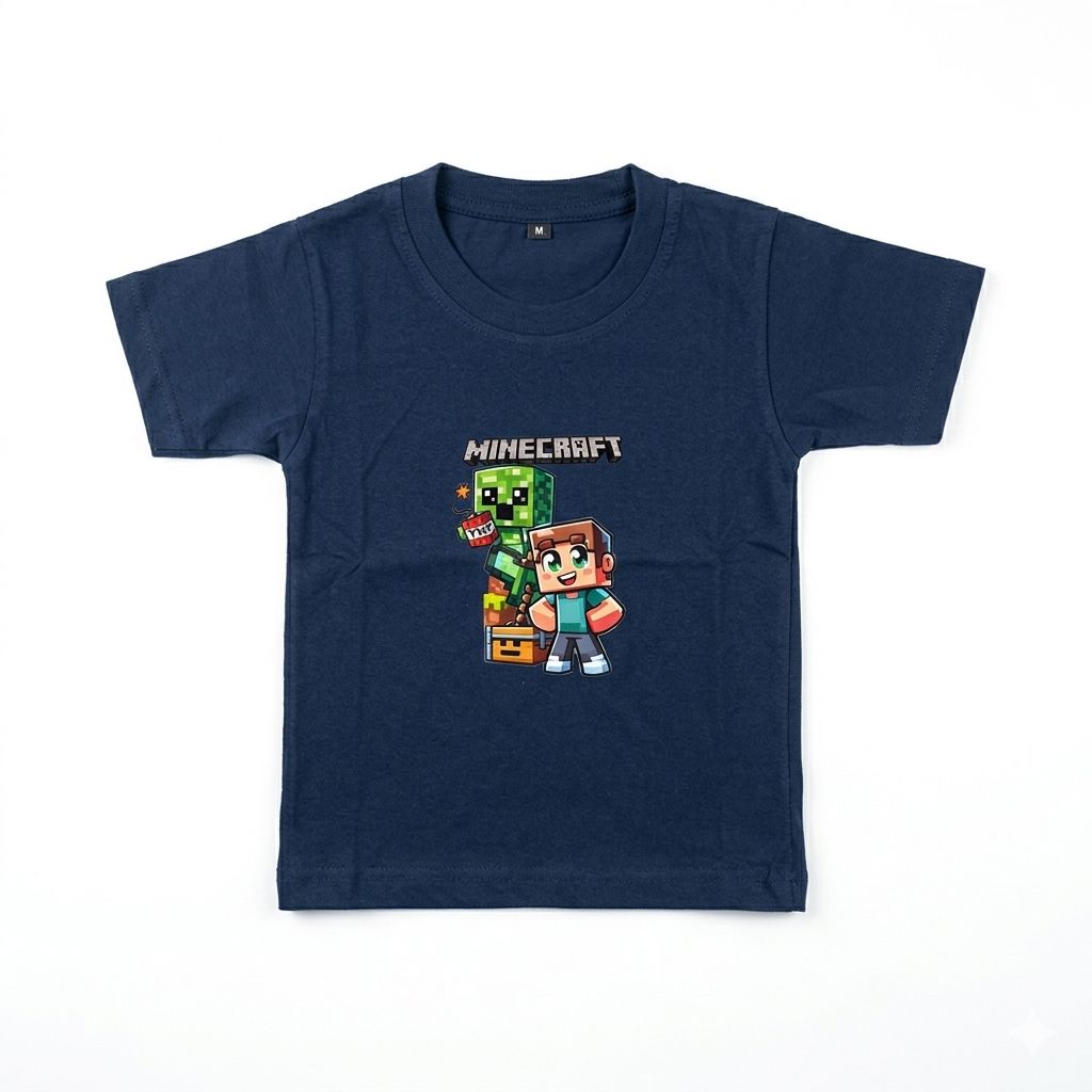 Navy blue t-shirt with Minecraft character design on a white background