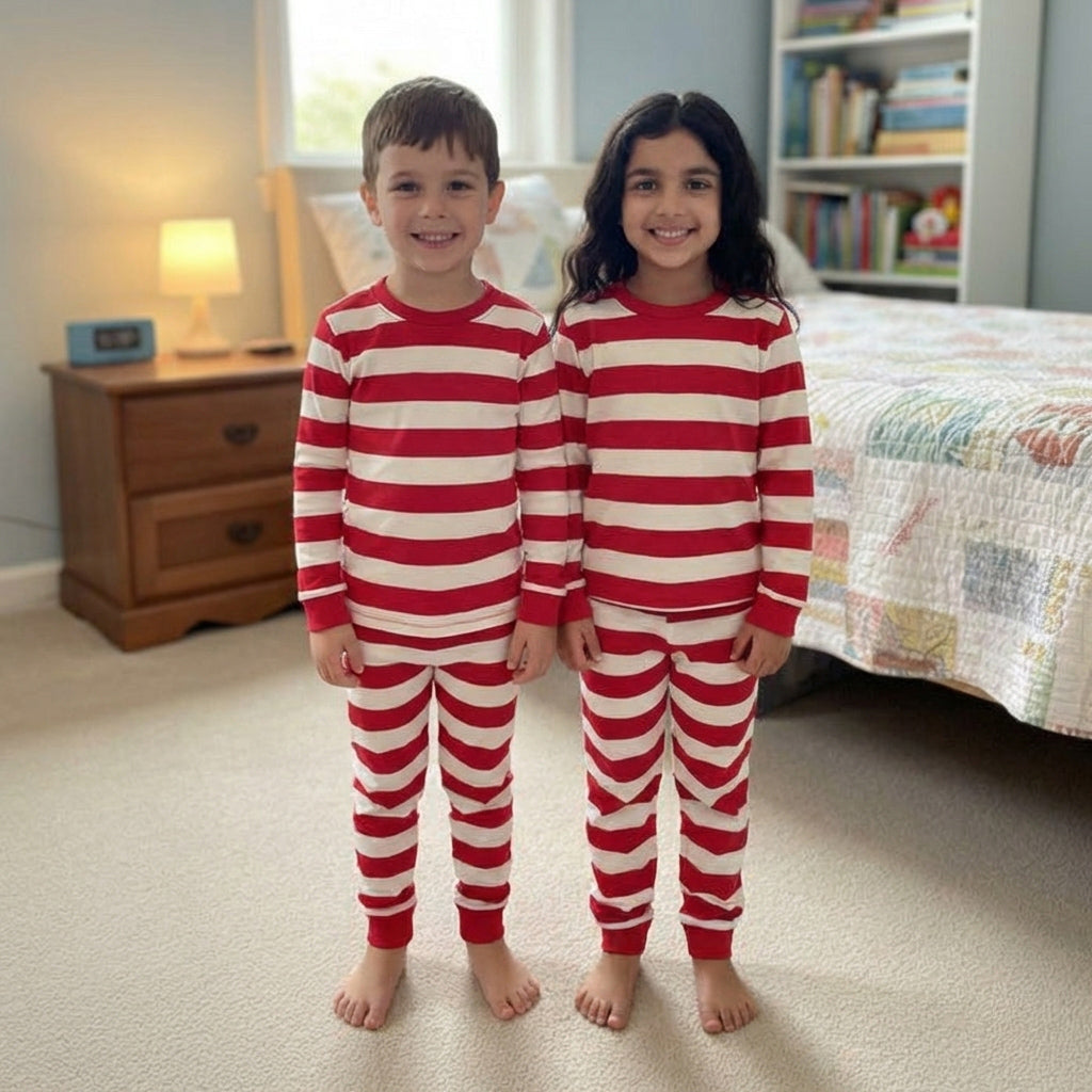 Two children wearing red and white striped pajamas in a bedroom.