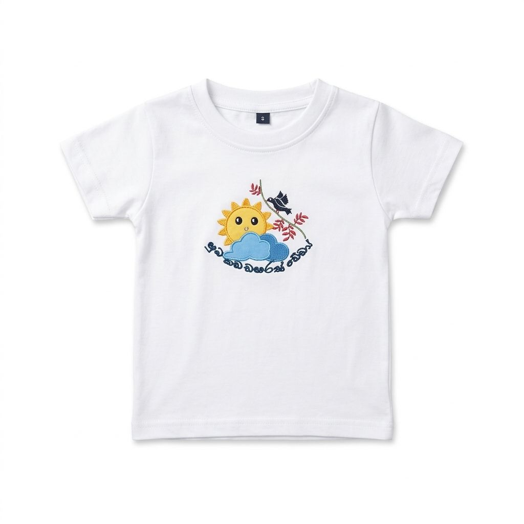 White t-shirt with a sun and cloud design on a white background
