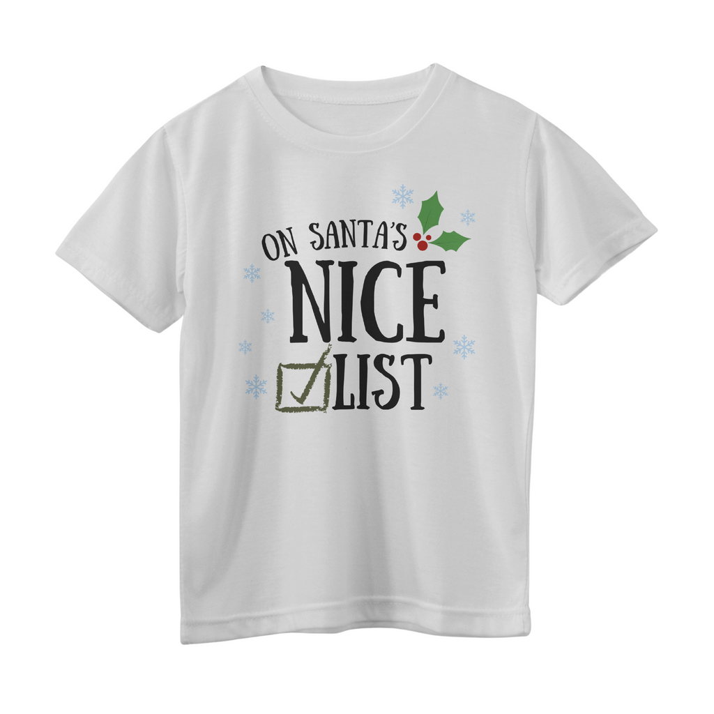 A white cotton T-shirt with 'On Santa's nice list' printed in green and red text, accompanied by a Christmas tree symbol.