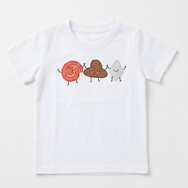 White t-shirt with cartoon character design on a white background