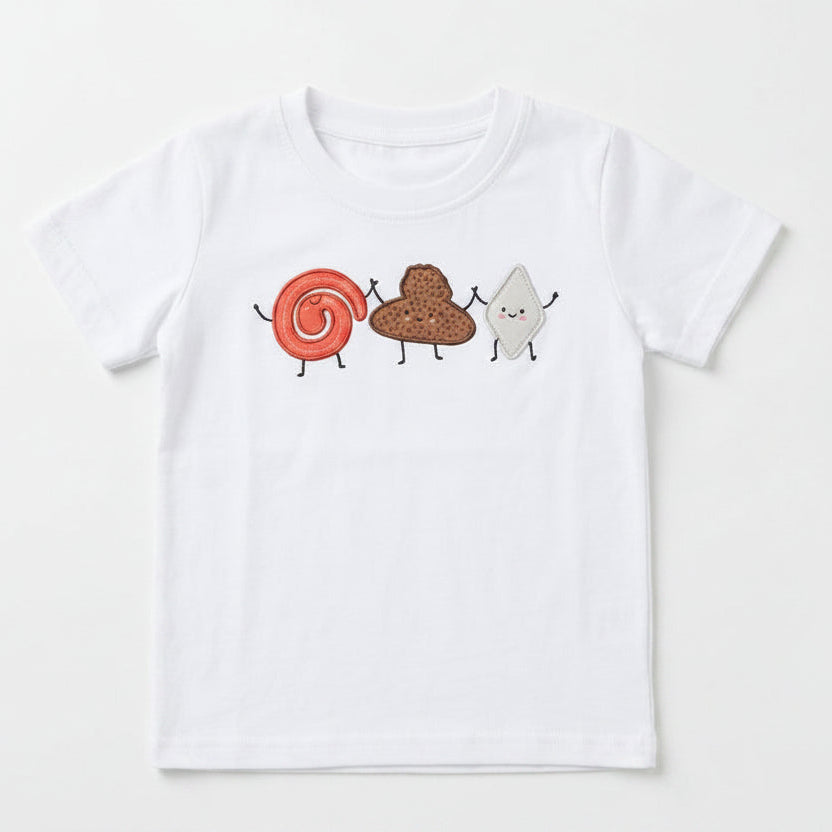 White t-shirt with cartoon character design on a white background