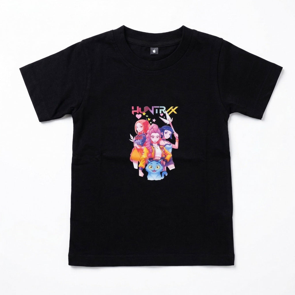 Black t-shirt with colorful graphic design on a white background