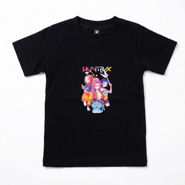 Black t-shirt with colorful graphic design on a white background