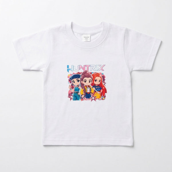 White t-shirt with cartoon characters and text on a white background