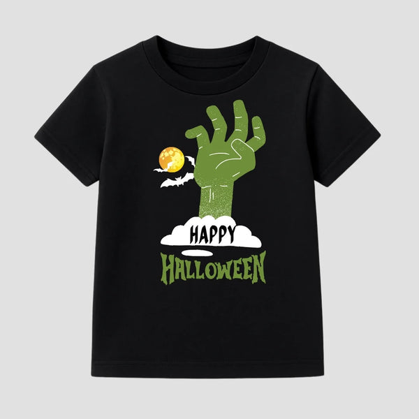 Black t-shirt with a green zombie hand and 'Happy Halloween' text on a light gray background