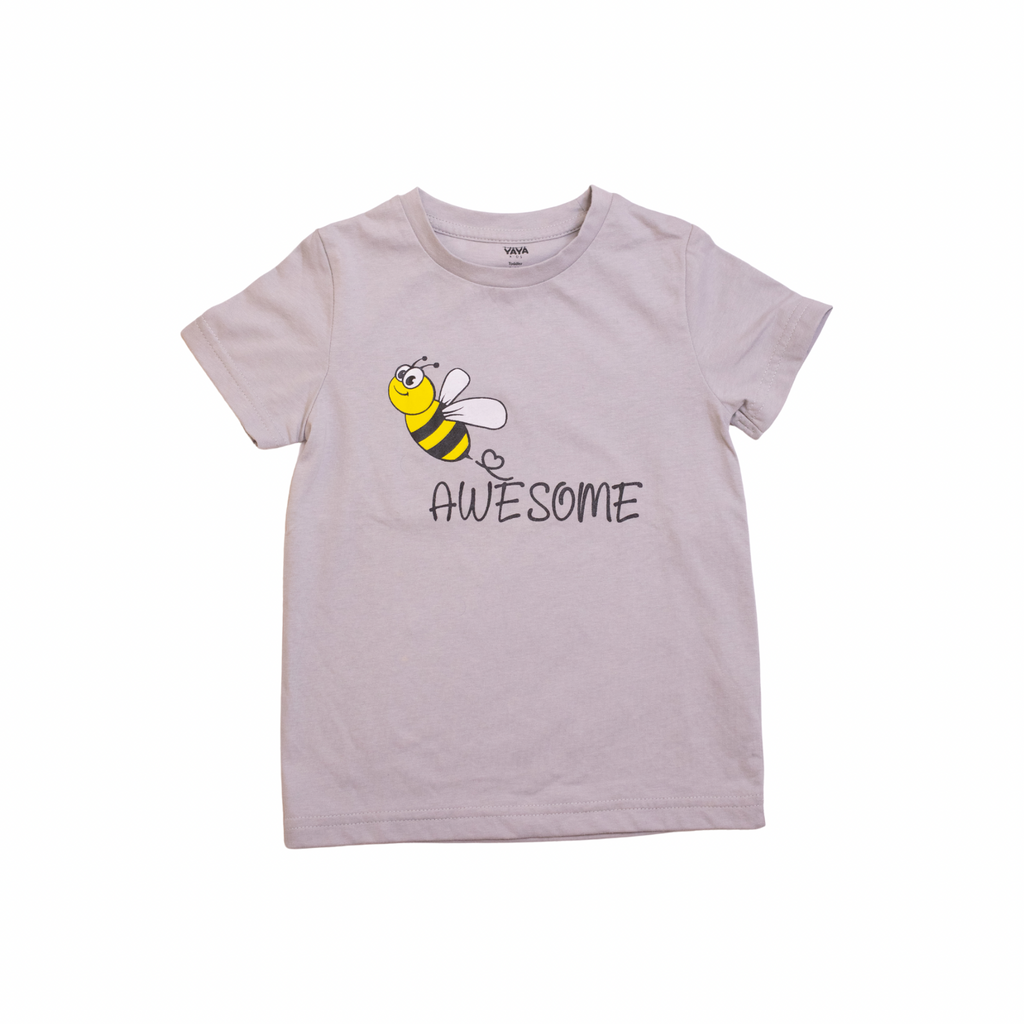 Children's t-shirt with a bee and 'awesome' text design on a white background