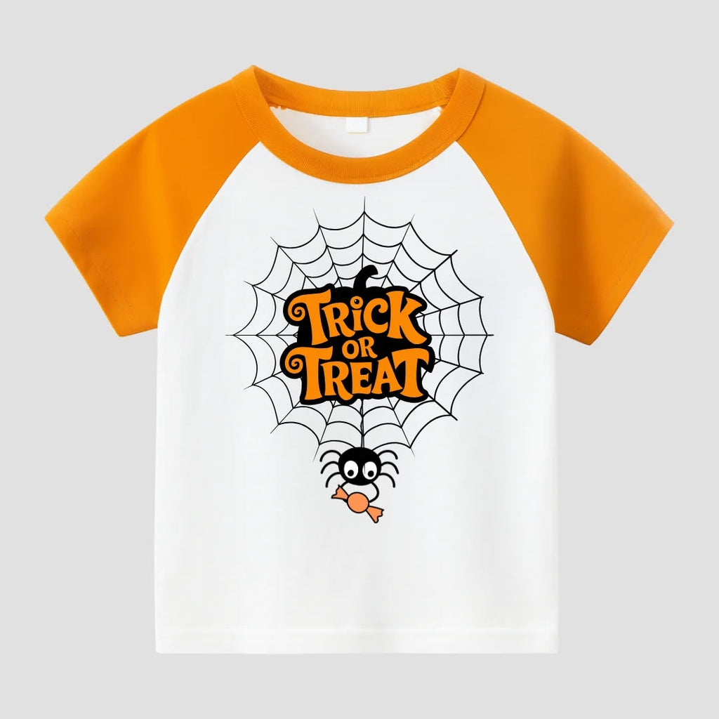 Halloween-themed t-shirt with 'Trick or Treat' design on a white background