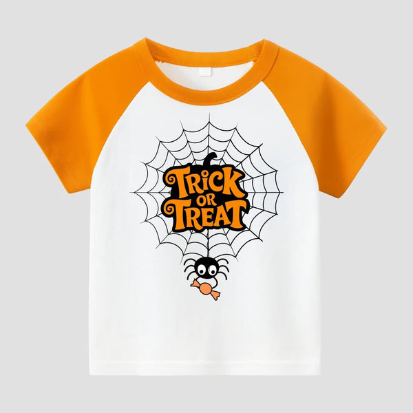 Halloween-themed t-shirt with 'Trick or Treat' design on a white background