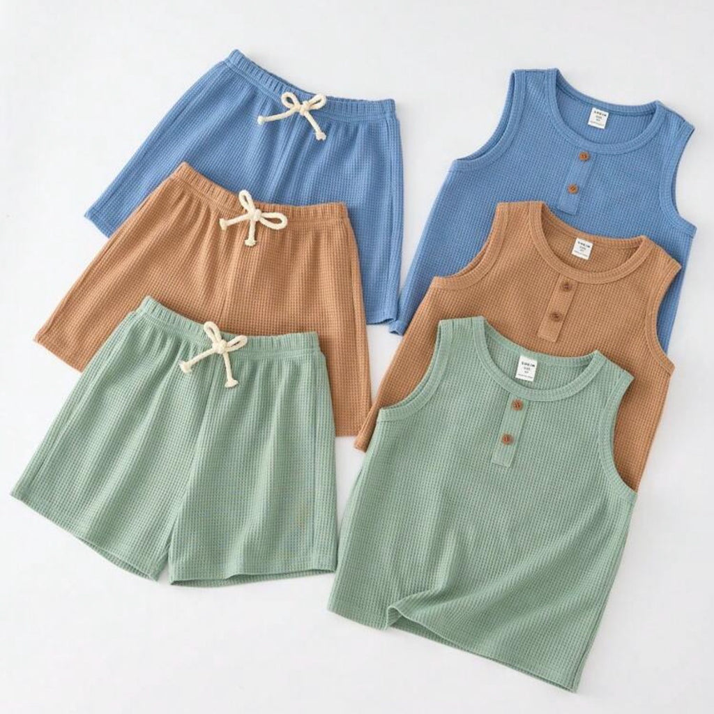 Children's clothing set with shorts and tank tops in blue, brown, and green on a white background