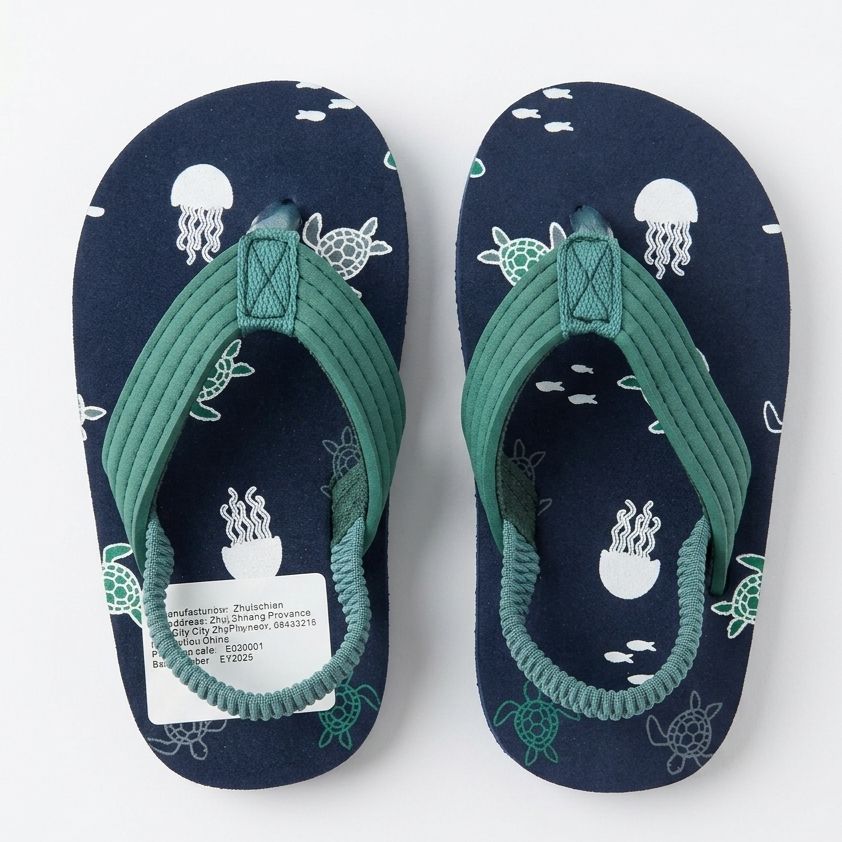 Pair of navy blue flip-flops with green straps and sea-themed design on a white background