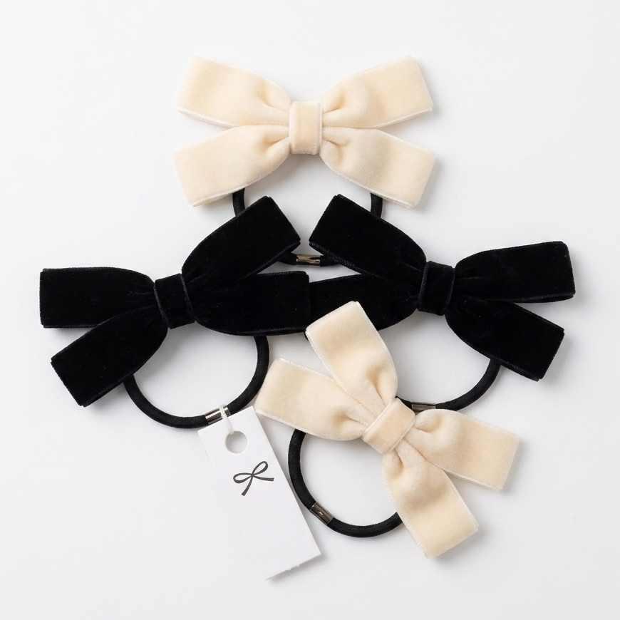 Set of black and beige hair bows on a white background